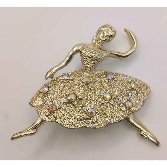 Vintage Estate Ballerina Pin Rhinestone Aurora Borealis AB Gold Tone Brooch - Picture 1 of 3